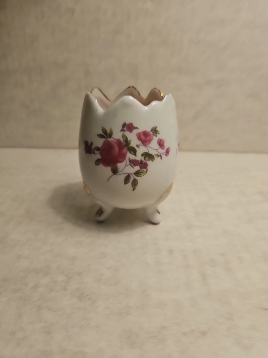 Vintage Porcelain Footed Egg-Shaped Vase – Hand-Painted Roses, Made in Japan