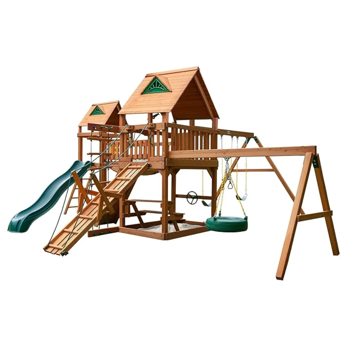 fashodre-llc-fashodre-gorilla-playsets-pioneer-peak-treehouse-wooden-swing-set-tire-swing-01-20260404144910-1307237b.webp Gorilla Playsets Pioneer Peak Treehouse Wooden Swing Set with Clatter Bridge & Tire Swing - Image 1
